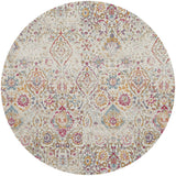4' Ivory Red and Blue Damask Distressed Round Rug