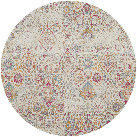 4' Ivory Red and Blue Damask Distressed Round Rug