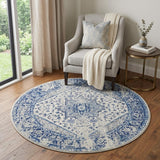 4' Ivory And Light Blue Floral Medallion Distressed Round Rug