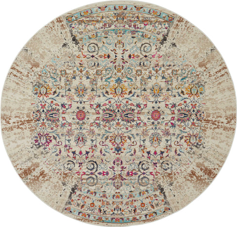 4' Ivory And Brown Floral Distressed Round Rug