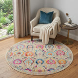 4' Ivory Pink And Orange Floral Distressed Round Rug