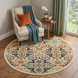 4' Ivory Blue And Yellow Floral Round Rug