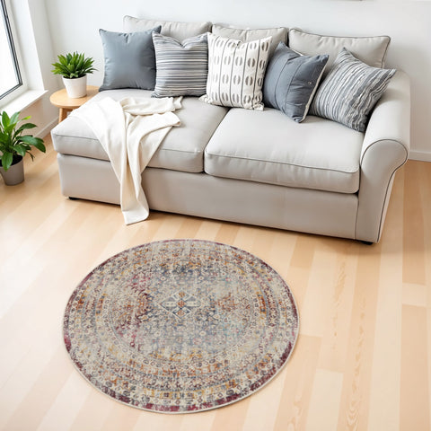 4' Ivory Red And Orange Geometric Distressed Round Rug