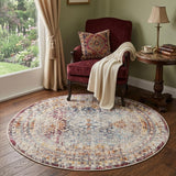 4' Ivory Red And Orange Geometric Distressed Round Rug