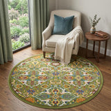 4' Green Red And Orange Floral Medallion Round Rug