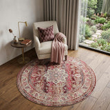 4' Ivory And Red Floral Distressed Round Rug