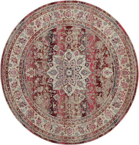 4' Ivory And Red Floral Distressed Round Rug