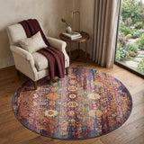 4' Blue Yellow And Red Floral Distressed Round Rug