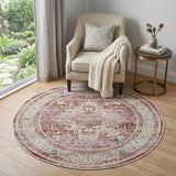 4' Ivory Red And Brown Floral Distressed Round Rug