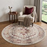 4' Ivory Red And Orange Floral Distressed Round Rug
