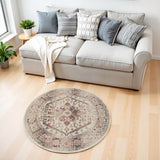4' Ivory Red And Orange Floral Distressed Round Rug