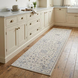 8' Ivory Blue And Gray Floral Non Skid Runner Rug