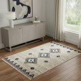 4' X 6' Ivory Blue And Gray Geometric Shag Non Skid Area Rug With Fringe