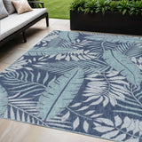 5' X 7' Navy Blue Sky Blue And Ivory Palm Leaf Indoor Outdoor Area Rug