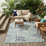 4' X 6' Navy Blue Ivory And Blue Palm Leaf Indoor Outdoor Area Rug