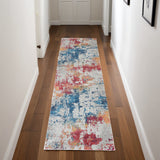 8' Ivory Blue and Orange Abstract Distressed Non Skid Runner Rug