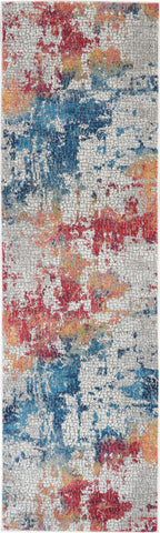 8' Ivory Blue and Orange Abstract Distressed Non Skid Runner Rug