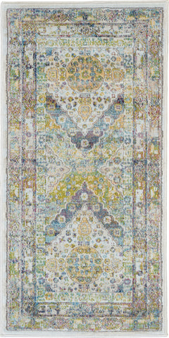2' X 4' Ivory Blue and Green Floral Distressed Non Skid Area Rug