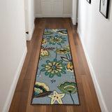 8' Blue Botanical Leaves Hand Carved Handmade Runner Rug
