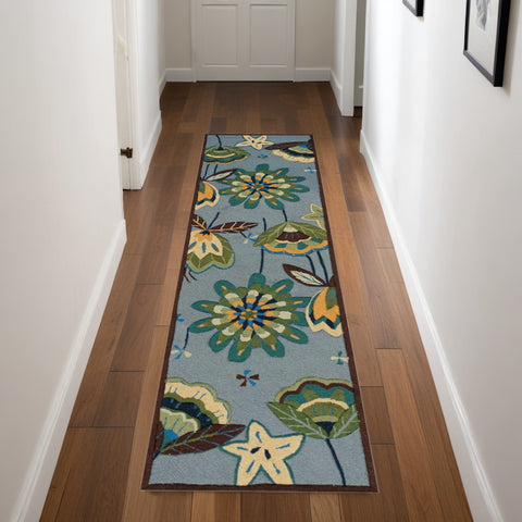 8' Blue Botanical Leaves Hand Carved Handmade Runner Rug