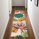 8' Ivory Red and Orange Floral Hand Carved Handmade Runner Rug