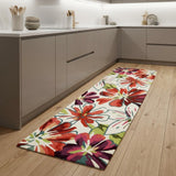 8' Ivory Green and Red Botanical Leaves Hand Carved Handmade Runner Rug