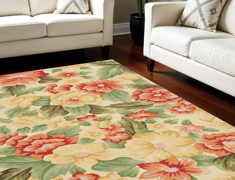 5' X 8' Red and Cream Floral Hand Carved Handmade Area Rug
