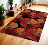 4' X 6' Black and Red Floral Hand Hooked Area Rug
