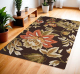 4' X 6' Brown and Orange Botanical Leaves Hand Carved Handmade Area Rug