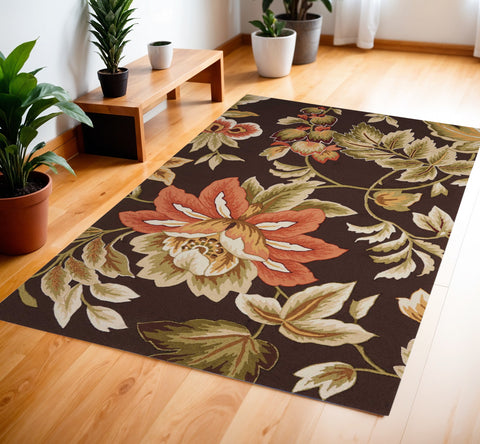 4' X 6' Brown and Orange Botanical Leaves Hand Carved Handmade Area Rug