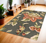 4' X 6' Gray and Cream Botanical Leaves Hand Carved Handmade Area Rug