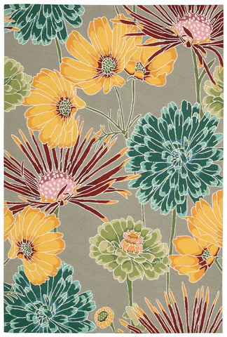 4' X 6' Gray Red and Yellow Floral Hand Carved Handmade Area Rug