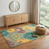4' X 6' Gray Red and Yellow Floral Hand Carved Handmade Area Rug