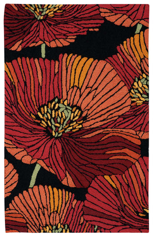 3' X 4' Black and Red Floral Hand Hooked Area Rug