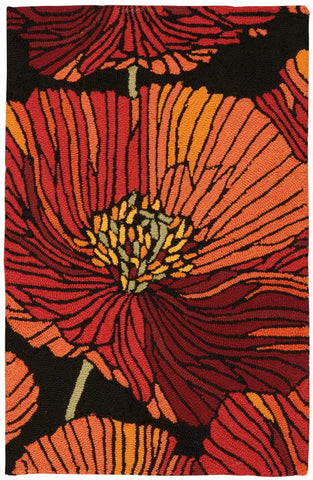 2' X 3' Black and Orange Floral Hand Hooked Area Rug