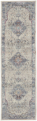 8' Ivory Blue And Orange Floral Distressed Runner Rug