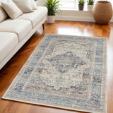5' X 8' Ivory Blue And Orange Floral Distressed Area Rug