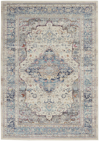 5' X 8' Ivory Blue And Orange Floral Distressed Area Rug