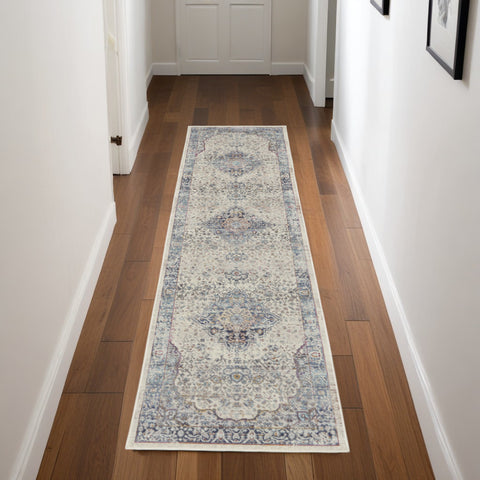 6' Ivory Blue And Orange Floral Distressed Runner Rug