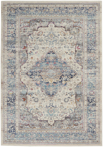 4' X 6' Ivory Blue And Orange Floral Distressed Area Rug