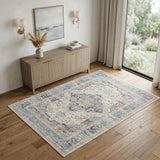 4' X 6' Ivory Blue And Orange Floral Distressed Area Rug
