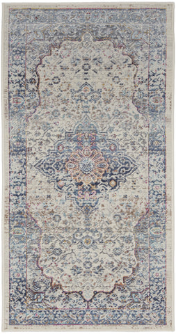 2' X 4' Ivory Blue And Orange Floral Distressed Area Rug