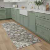 8' Ivory And Gray Floral Runner Rug