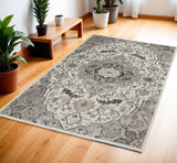 4' X 6' Ivory and Gray Floral Non Skid Area Rug
