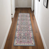 8' Ivory Pink And Gray Floral Distressed Runner Rug