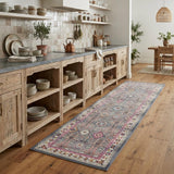 8' Ivory Pink And Gray Floral Distressed Runner Rug