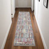 8' Ivory Gray And Red Floral Distressed Runner Rug