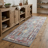 8' Ivory Gray And Red Floral Distressed Runner Rug