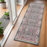 6' Ivory Pink And Gray Floral Distressed Runner Rug