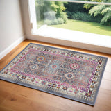 2' X 4' Ivory Pink And Gray Floral Distressed Area Rug